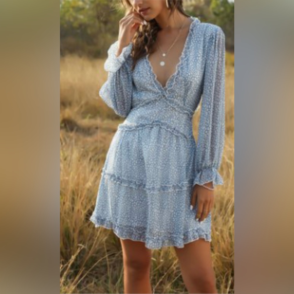Blue Ruffle V-Neck Dress - Picture 5 of 9